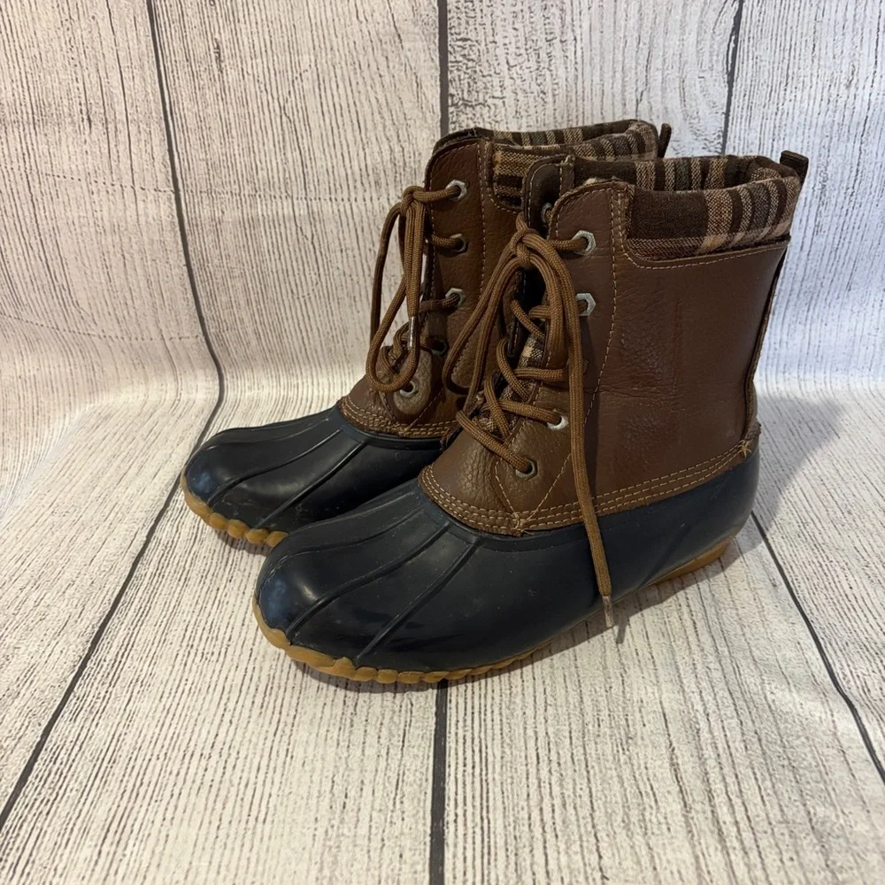 Women's Sporto Original Duck Boots Brown Leather Plaid Lined Lace Up Size 8‎